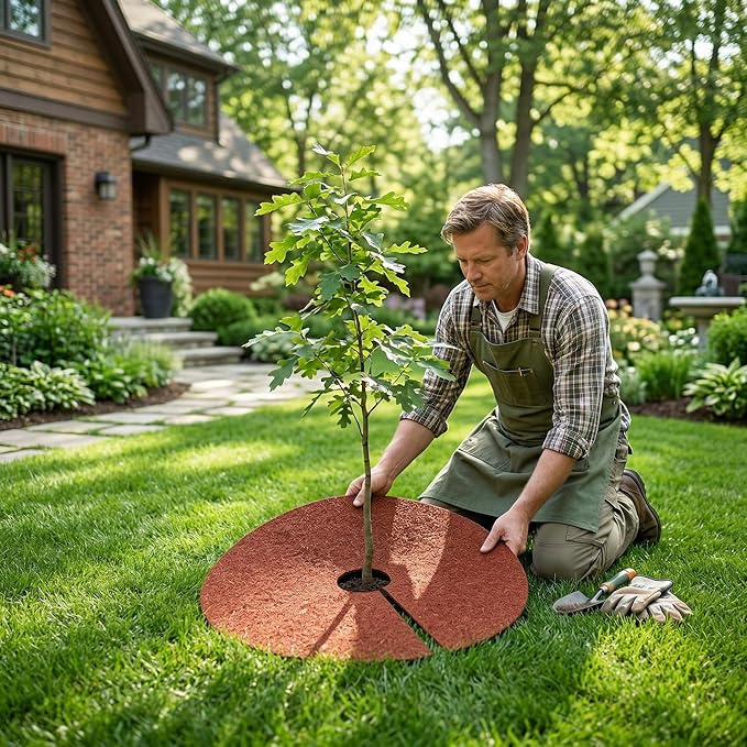 Fasmov 3 Pack Rubber Mulch Ring Tree Protector Mat Tree Protection Weed Mats, Heavy Duty Rubber, 24 inch