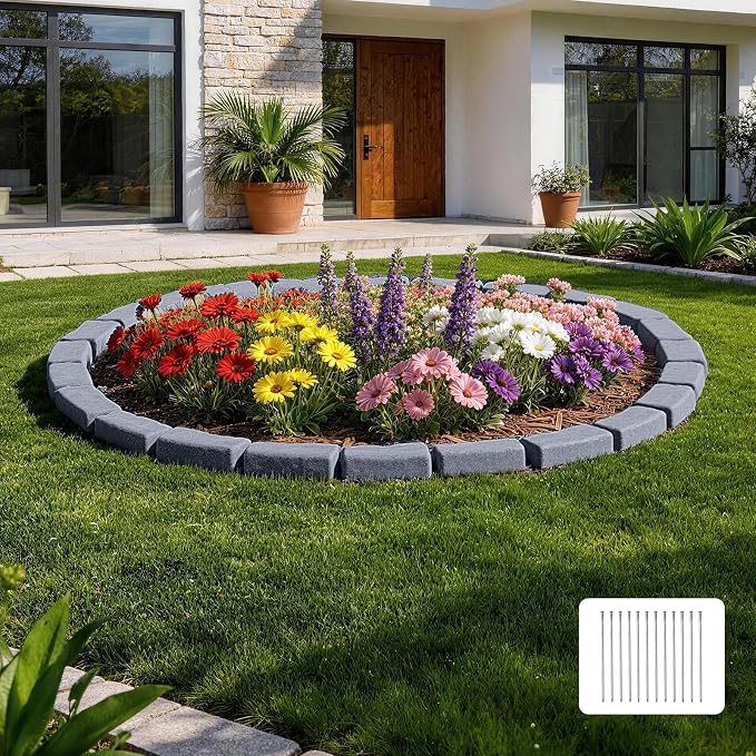 VEVOR Faux Stone Landscape Edging, 15.5 ft Kit, No Dig Garden Edging Border, Blocks for Lawn, Flower Beds, Yards, 4 Pack Each Section Has 6 Bricks 46.46"L x 3.74"W x 2.24"H, 12 Spikes & End Cap, Gray