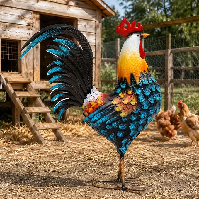 32in Large Metal Rooster Decor, Outdoor Garden Statues, Metal Chicken Sculpture for Backyard Patio Garden Kitchen Décor