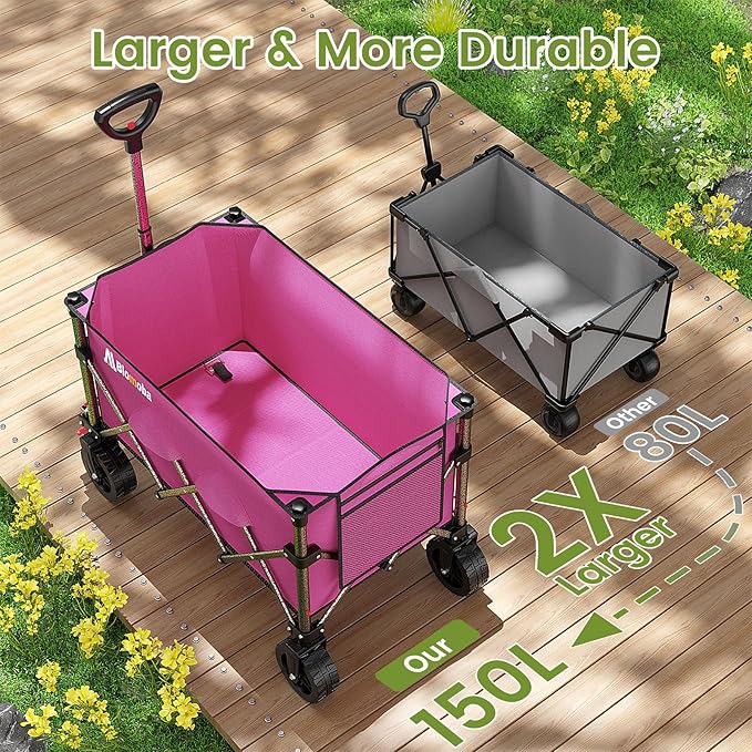 Blomoba Collapsible Wagon Cart, 150L Heavy Duty Foldable Beach Wagon with Wider Wheels & Auto-Rebound Handle, Utility Grocery Shopping Cart for Garden, Shopping, Camping, Sports, Pink