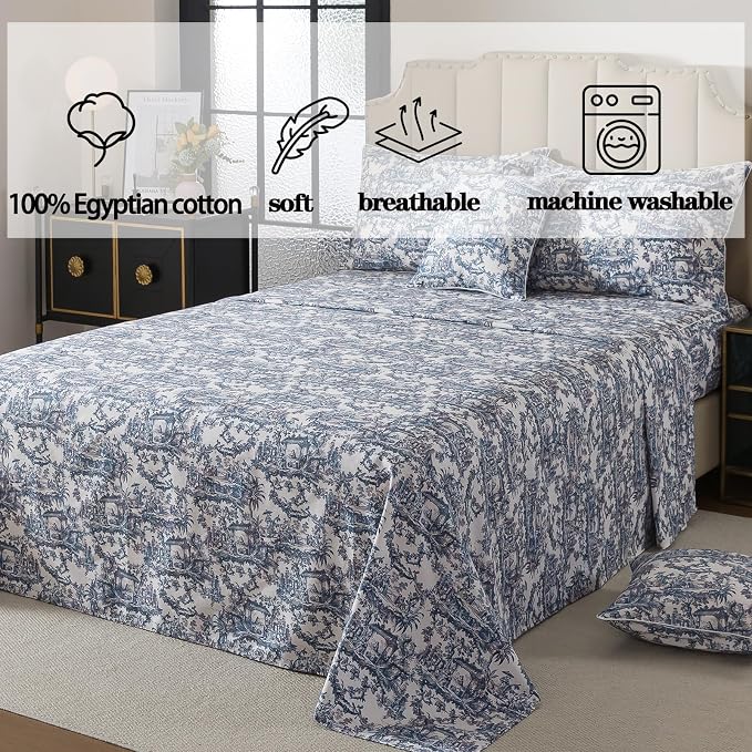 FADFAY Blue Toile Sheets Set Queen French Country Vintage Farmhouse Bedding Exotic Scenic Chinoiserie Floral Bedding 100% Egyptian Cotton Soft Breathable Sheet Set with Deep Pocket Fitted Sheet 4Pcs