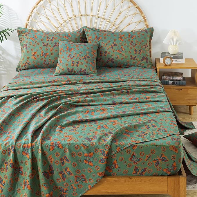 FADFAY Butterfly Sheets Set Queen Vintage Green Red Floral Bedding Shabby Farmhouse Bedding Super Soft Washed Double -Layer Muslin Sheets 100% Cotton Deep Pocket Fitted Sheet 4Pcs, Queen Size