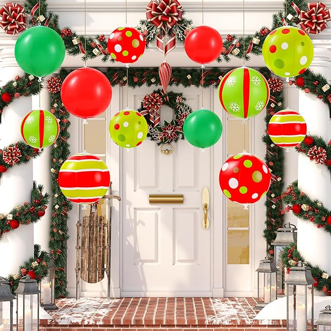 12 Pcs 7.5/9 Inch Large Christmas Inflatable Ball Outdoor Hanging Ornament Blow Up Xmas Inflatable Ornaments PVC Christmas Decoration Ball for Yard Lawns Porch Garden Front Door Holiday Decor