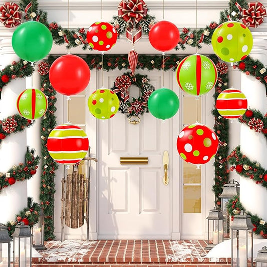 12 Pcs 7.5/9 Inch Large Christmas Inflatable Ball Outdoor Hanging Ornament Blow Up Xmas Inflatable Ornaments PVC Christmas Decoration Ball for Yard Lawns Porch Garden Front Door Holiday Decor
