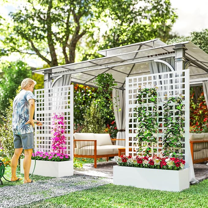 Outsunny Galvanized Raised Garden Bed with Trellis, Metal Planter Box with Drainage Holes, Outdoor Privacy Screen for Climbing Plants, Vegetable, Vines, 43" x 16" x 70", 2 Pack, White