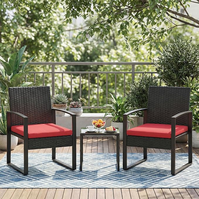Garvee 3 Pieces Patio Bistro Set, PE Rattan Patio Conversation Set with Tempered Glass Coffee Table, Outdoor Wicker Furniture for Patio Garden Balcony Backyard, Black and Red
