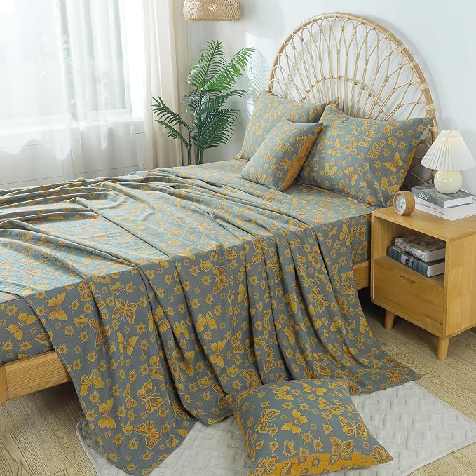 FADFAY Butterfly Sheets Set King Vintage Yellow Grey Floral Bedding Shabby Farmhouse Bedding Super Soft Washed Double -Layer Muslin Sheets 100% Cotton Deep Pocket Fitted Sheet 4Pcs, King Size