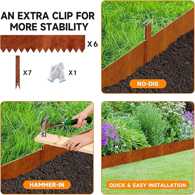 20ft.Cor-Ten Weathering Steel Landscape Edging(6 Pack)-5"x40"- Pre-Rusted Garden Edging with 7 Clips & Gloves - Durable,Flexible, Easy-to-Install for Landscaping,Tree Rings,Lawn & Garden