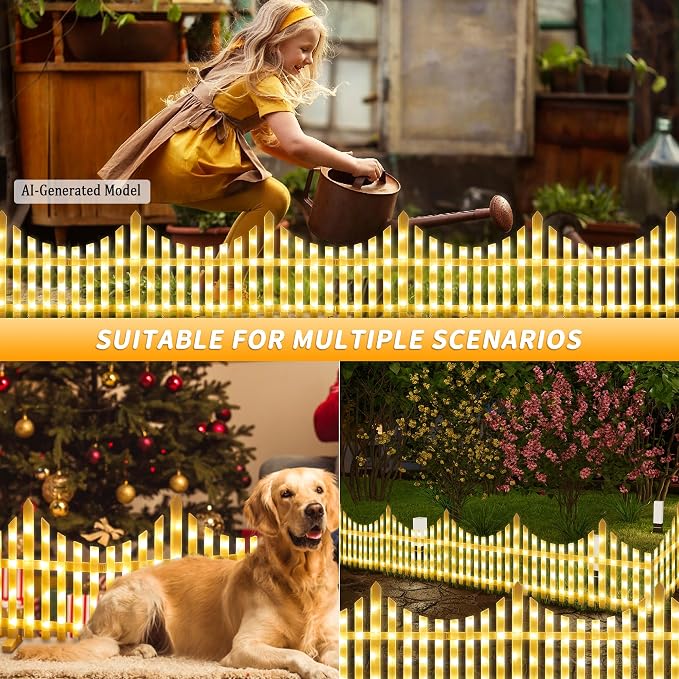 Hopolon 4 Pack Solar Garden Lights Outdoor, 11.1in (H) X 4.6ft (L) 144 Led White Picket Fence Border Solar Powered with Remote, Decorative Christmas Lights for Tree Yard Pet Barrier