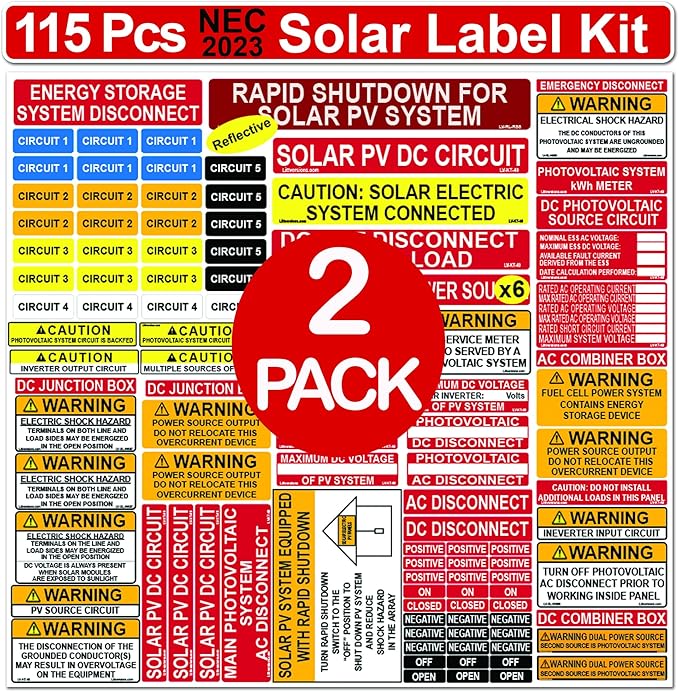 2 Packs of Ultimate 115 Pack 2017/2020/2023 NEC Code Compliant Photovoltaic Solar System Label Kit Electrical Panel Safety Stickers Outdoor Rated Laminated