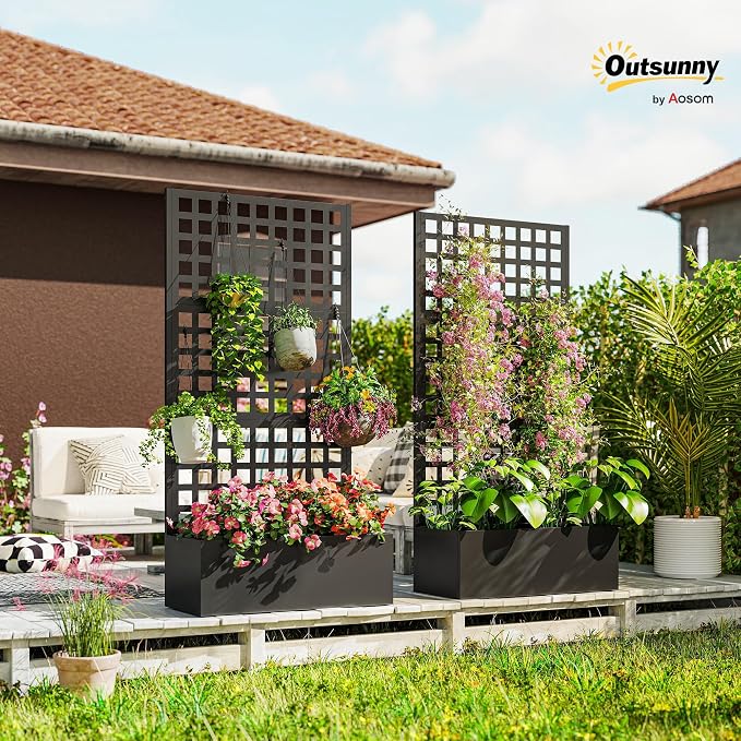 Outsunny Galvanized Raised Garden Bed with Trellis, Metal Planter Box with Drainage Holes, Outdoor Privacy Screen for Climbing Plants, Vegetable, Vines, 35" x 16" x 70", 2 Pack, Black