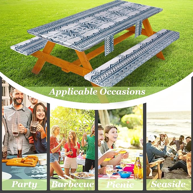 Fitted Picnic Table Cover with Bench Covers Waterproof Elastic Edges Rectangle Patio Tablecloth Outdoor Camping Essentials Stuff Rv Accessories Summer Trip Travel Camper Gifts for Woman Men, 72in 6 ft