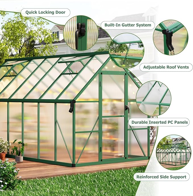 CABIHOME 8x14 FT Outdoor Greenhouse, Polycarbonate Greenhouse with Roof Vent and Ground Nails, Aluminum Large Walk-in Green House w/ Lockable Push Door for Outside Garden Backyard (Green, 8x14 FT)