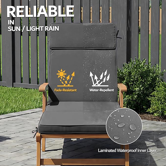 80 x 26 Inch Outdoor Chaise Lounge Cushions Set of 4 - Removable Cover, 4-Section Design, Water-Repellent & Fade-Resistant, 6 Tie Straps, Replacement for Patio & Pool Chairs - Dark Grey