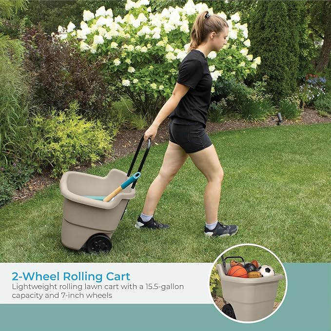 Suncast 2-Pack Multipurpose Rolling Lawn and Garden Utility Cart, 15 Gallon, Taupe - Outdoor Storage Carts with Wheels - Gardening Accessories, Tools, and Equipment