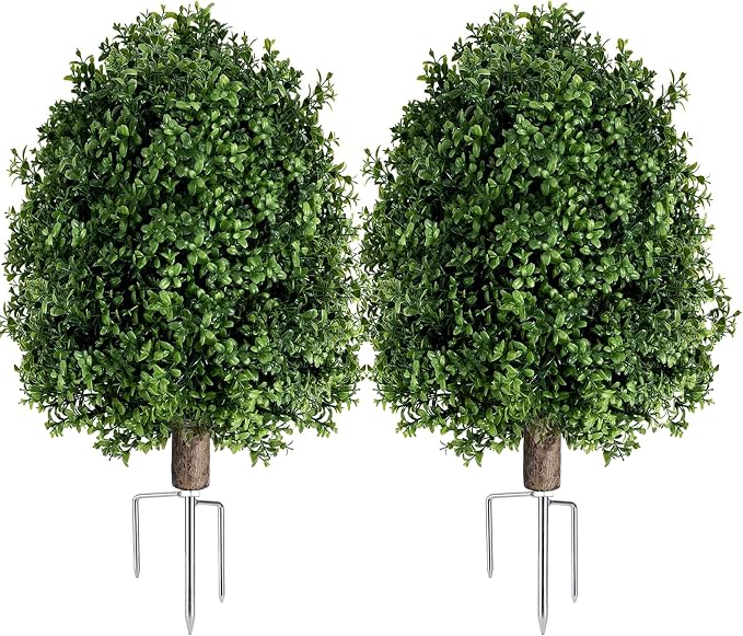 INSPRING Artificial Boxwood Topiary Trees Outdoor Fake Bushes Plants UV Resistant Evergreen Shrubs with Metal Ground Spike for Porch Patio Garden, 2 Pack