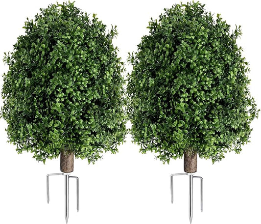 INSPRING Artificial Boxwood Topiary Trees Outdoor Fake Bushes Plants UV Resistant Evergreen Shrubs with Metal Ground Spike for Porch Patio Garden, 2 Pack
