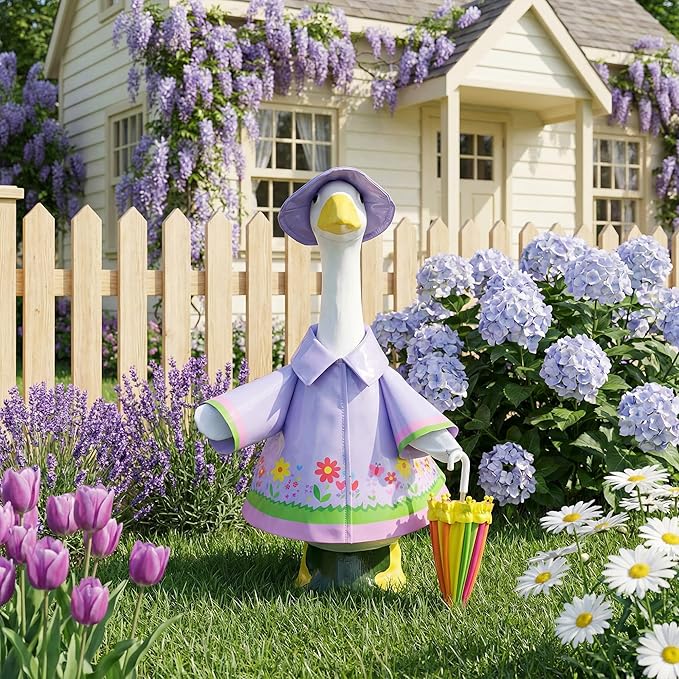 DECOHS 3 Pcs/Set Raincoat Porch Goose Outfits, Summer Lawn Goose Statue Raincoat Costume, Yard Goose Clothes Raincoats Umbrella Hat Outfit for 23" Statue Patio Garden Decoration (Purple)