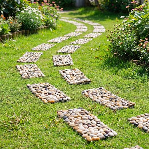Qualdout River Rocks Stepping Stones Pavers Outdoor for Garden Walkway, Pebbles Polished Gravel for Yard Lawn Patio Pathway Landscaping, 6PCS (Rectangle)