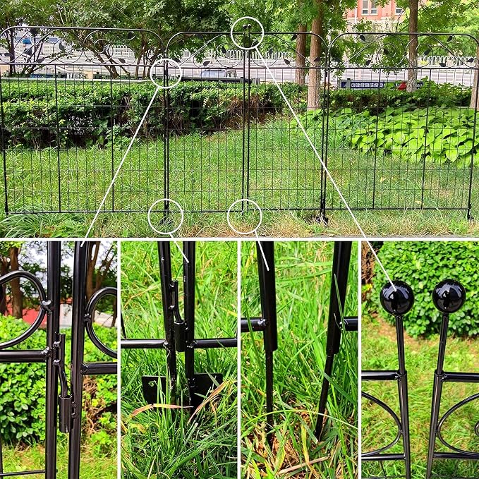 1 Pack 44 Inches x 36 Inches Black Coated Steel Decorative Garden Fence Gate with 8 Leaves, Heavy Duty Metal Wire Border Gate