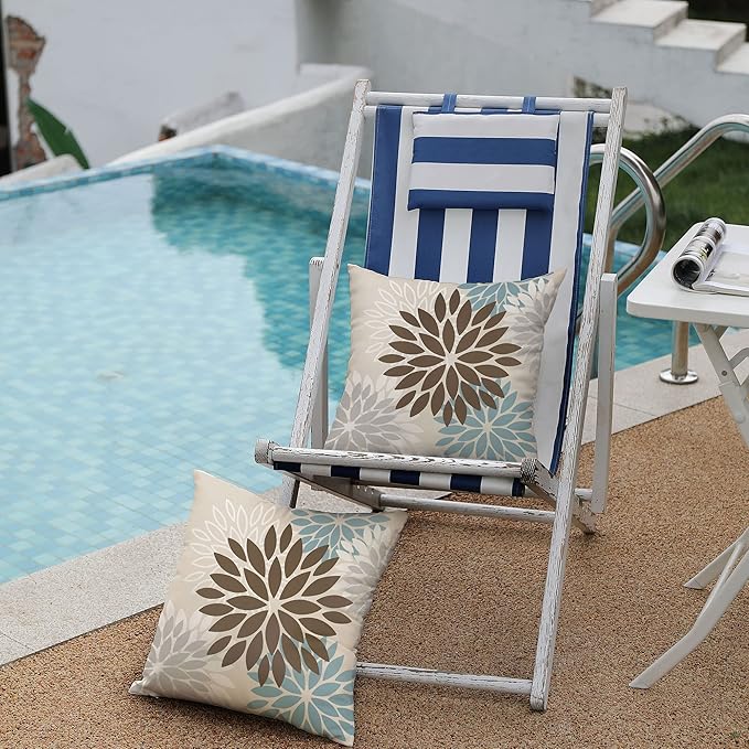 DFXSZ Brown Blue Flower Pillow Covers 18x18 Inch Set of 2 Summer Outdoor Waterproof Decor for Home Patio Funiture Garden Living Room Cushion Cover 002F18
