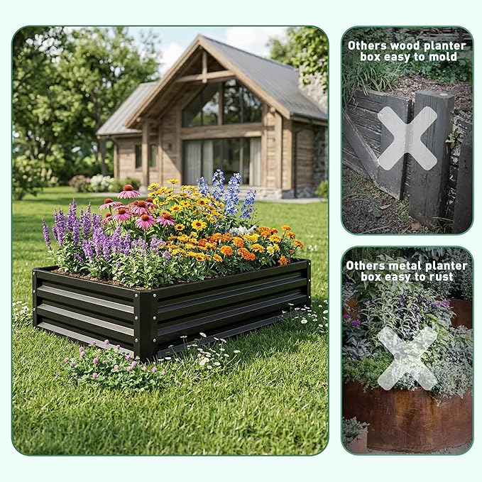ONCEMORE Raised Garden Bed, Galvanized Steel Raised Garden Bed for Gardening Vegetables Fruit, 20pcs T-Types Tags & 1 Pair of Gloves,8x4x1FT,Black