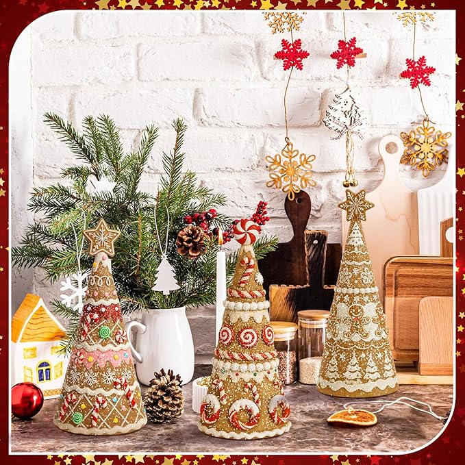 Simgoing 3 Pack Gingerbread Christmas Tree Figurines Christmas Tabletop Decorations Resin Gingerbread Cone Tree Decor Figurines for Xmas Home Centerpieces Tiered Tray Ornament Gifts