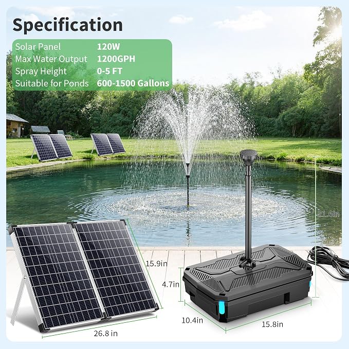 POPOSOAP 120W Solar Fountain Pump and Filter Kit, 1600GPH Solar Powered Pond Filter with 4-Stage Biological Filtration, Water Pump & Pond Filter Box for Outdoor Koi Pond, Garden, Waterfall P3120