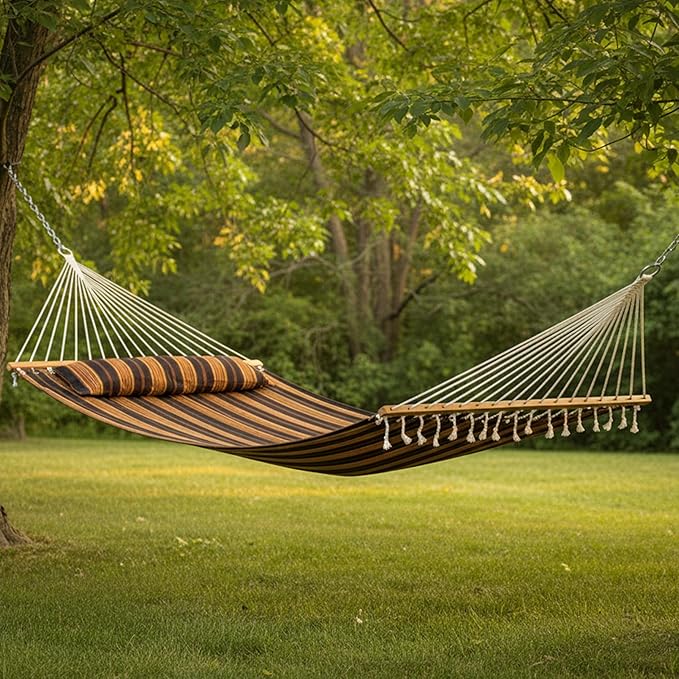 Sunnydaze Quilted Outdoor Hammock with Spreader Bars - Heavy-Duty 450-Pound Capacity Double Hammock for Outside - Woodland Stripe
