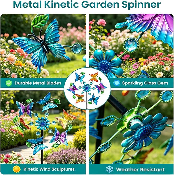 44" Butterfly Wind Spinners Garden Whirligigs, Flower Butterfly Wind Sculpture Yard Art Decorations for Lawn, Patio & Yard & Garden Decor, Metal Wind Spinners Outdoor Decor