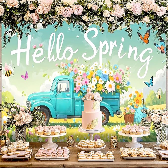 BlissYard Hello Spring Backdrop 8x6ft Flower Truck Photography Background Spring Garden Party Scenic Banner for Easter Celebration Birthday Baby Shower Classroom Photo Booth Decor