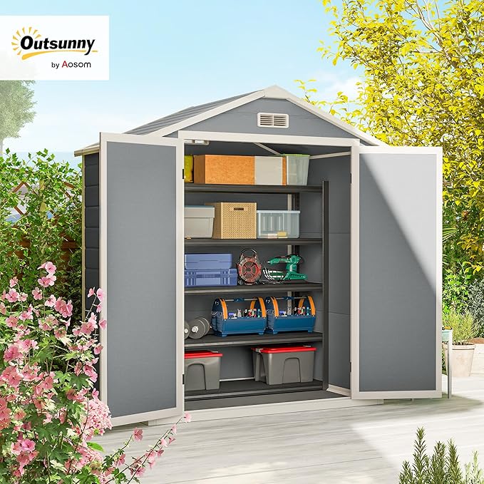 Outsunny 6' x 4.5' Outdoor Storage Shed, Waterproof Resin Plastic Shed with Floor, Window, Lockable Door and Vents, All-Weather Garden Tool Shed for Backyard, Patio, Lawn, Gray