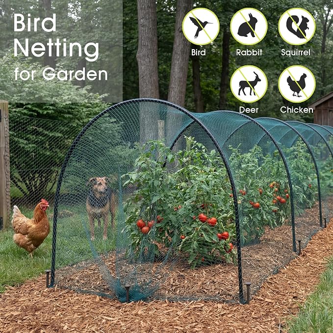Bird Netting for Garden Protection, 13 x 40 FT Heavy Duty Garden Netting with Ties and Landscape Staples for Vegetable, Fruit Trees & Other Plants Against Birds Deer Squirrels and Poultry