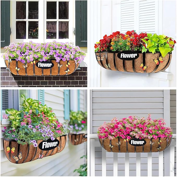 Y&M Window Boxes Horse Trough with Coconut Coir Liner, 24 Inch Window Deck with Coco Liner, Fence Metal Hanging Flower Planter Basket Deck Railing Planter Boxes (24in 4P)