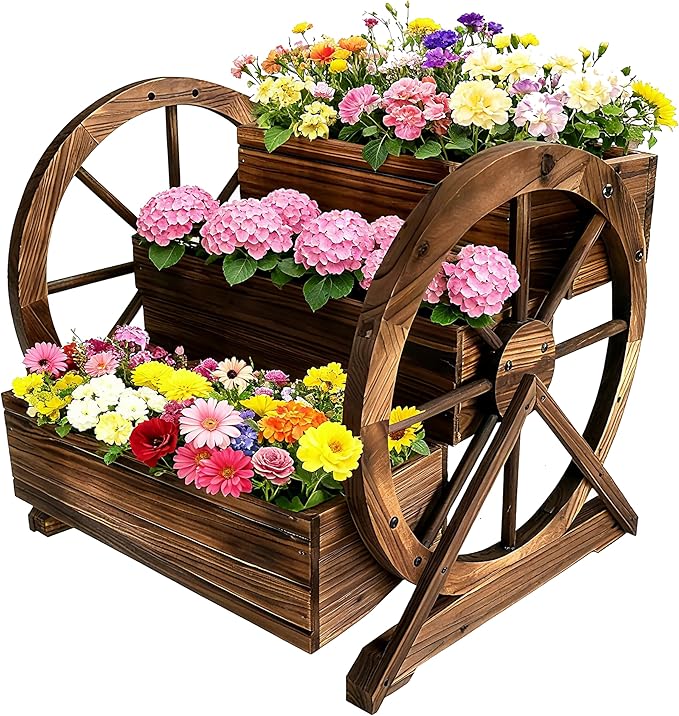 3 Tier Large Wooden Wagon Planter Box|Outdoor Planter/Flower Pot for Indoor&Outdoor Plants-Rustic Garden Planter for Patio,Porch&Garden Decor-Raised Garden Bed for Succulents,Herbs,Vegetables