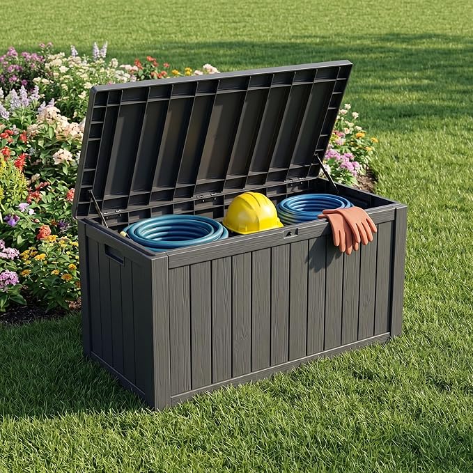 75 Gallon Outdoor Storage Box, Waterproof Resin Deck Box for Patio Cushions & Gardening Tools, Lockable Indoor/Outdoor Storage Bin, Sleek Black Design