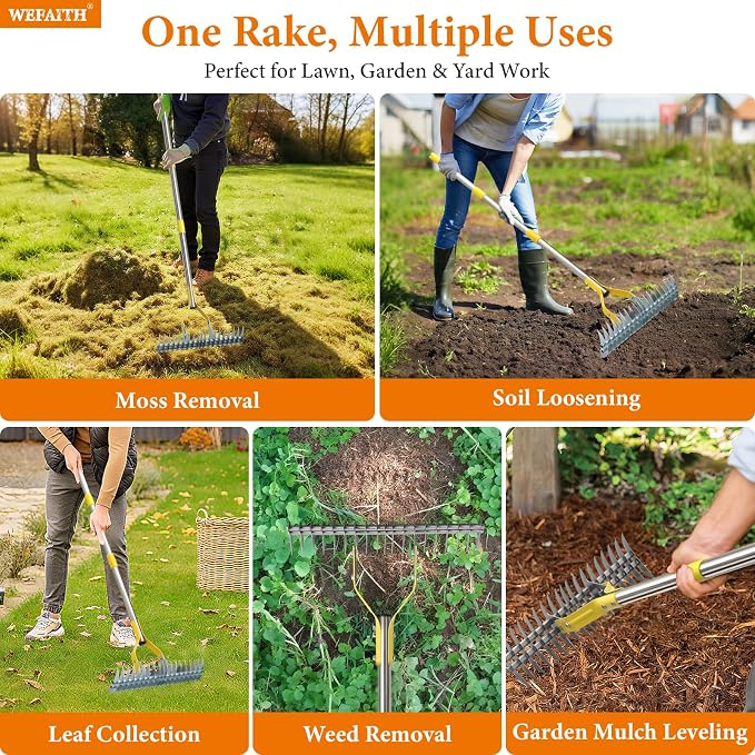 Thatch Rake for Lawns - 15" Heavy Duty Dethatching Rake with Sharp Carbon Steel Tines, 2-in-1 Manual Dethatcher & Scarifier for Dead Grass, Moss & Thatch Removal, 55" Adjustable Long Handle