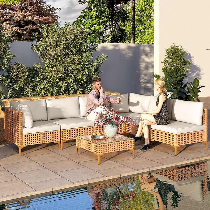 DWVO 7 Pieces Patio Furniture Set, PE Rattan Wicker Patio Conversation Set for Patio Backyard Poolside Porch, Outdoor Sectional Sofa with Coffee Table & Cushions