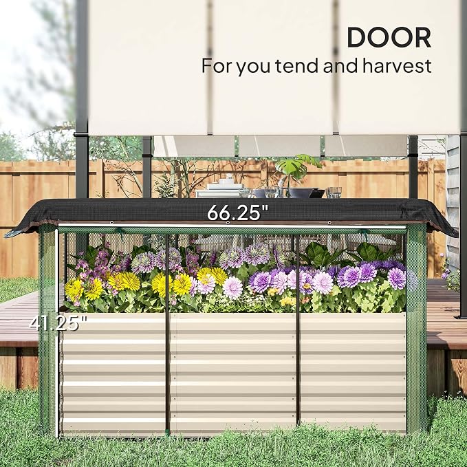 Outsunny 5.9 x 2 x 1.9 ft Galvanized Raised Garden Bed with Crop Cage Plant Protection Net and Shade Cloth Roof, Metal Planter Box with Cover for Vegetables, Flowers, Herbs, Beige