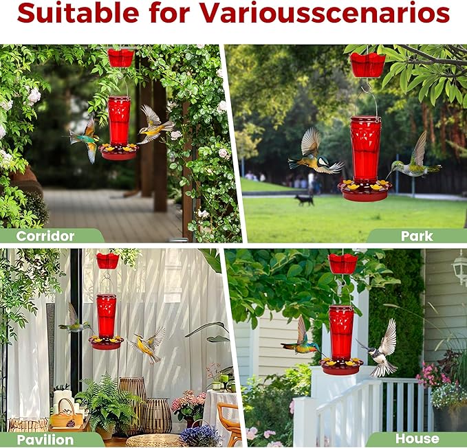 Zamelane Glass Hummingbird feeders for Outdoors 2pack-14Ounces，5 Feeding Ports Hummingbird Feeder,Wide Mouth for Easy Filling/Cleaning，Hanging for Garden Backyard Decor, Includes Ant Moat (Red，2Pack)