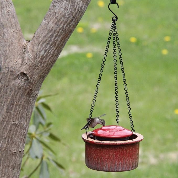 Byer of Maine Alcyon Hummingbird Feeder, Outdoor Hanging Feeder Water Moat for Ants, Dishwasher Safe, Red Ceramic Glaze, 6.5 oz.
