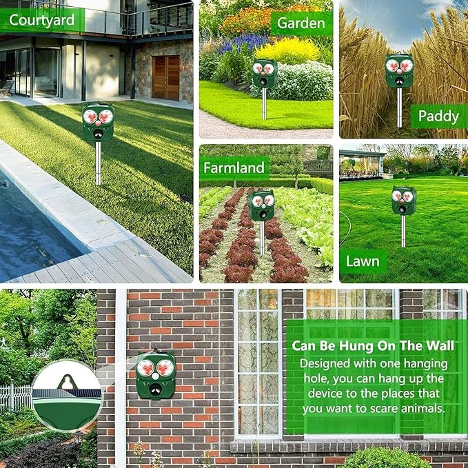 Solar Animal Repeller, Ultrasonic Repellent, Motion Detection, LED Flashing Light, Dog, Cat Repellent, Squirrel, Raccoon, Skunk, Rabbit, Rodent, Fox, Deer, etc. (Green)