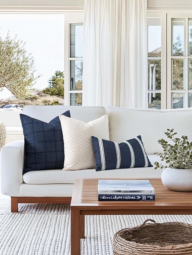 Crumbs Home Coastal Linen Indoor Outdoor Throw Pillow Cover Only, 20"x20" Water Repellent for Patio, Backyard, Couch, Neutral Beige Ravenala Palm Tree
