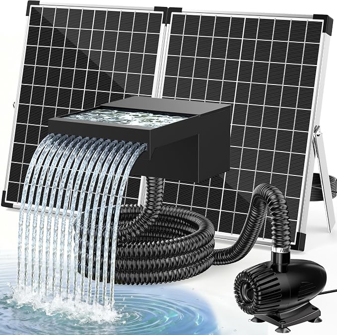 POPOSOAP 55W Solar Pond Waterfall Spillway with Pond Pump, Pond Spillway with 304 Stainless Steel & Filtration System & 9.8FT Tube for Pond Fountain Waterfall Garden Water Features-P5552S