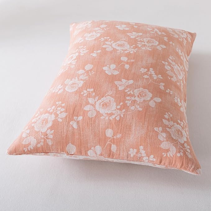 FADFAY Queen Sheets Set 100% Cotton Washed Double Gauze Muslin Bedding 4Pcs Vintage Coral Rose Floral Sheets Shabby Farmhouse Bedding Luxury Super Soft Breathable Deep Pocket Fitted Sheet, Queen Size