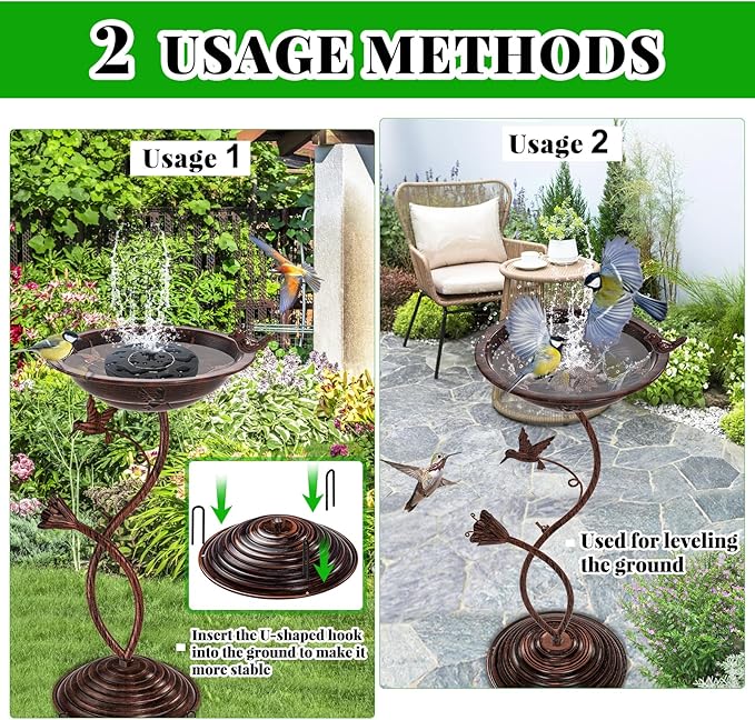 Bird Bath Garden for Outside, Vintage Metal Birdbaths Bowl with Roman Pedestal for Outdoors, Standing Bird Bath Bowl Birdfeeder for Yard Lawn Decor (Vintage Copper - Hummingbird)