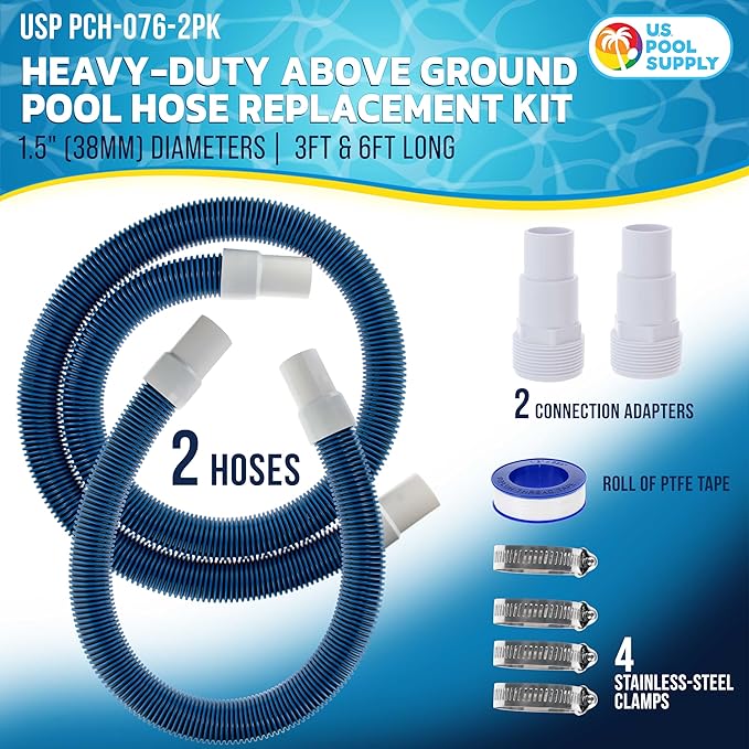 U.S. Pool Supply 1.5" Heavy-Duty Above Ground Pool Hose Replacement Kit - 3 Foot and 6 Foot Hoses, 2 Connection Adapters, 4 Clamps - Compatible with Intex Pool Filter Pumps