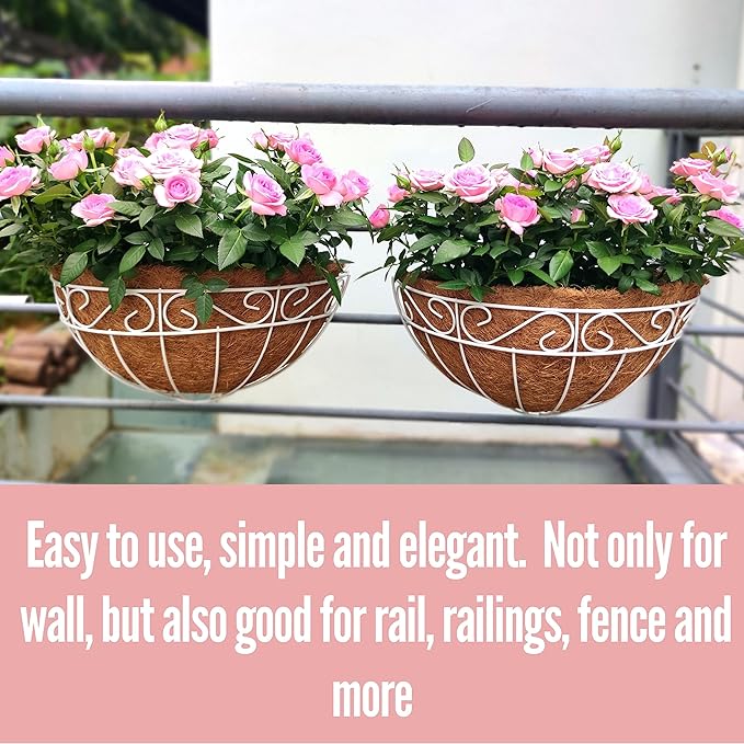 LalaGreen Bundle - 2 Pack,12 Inch + 2 Pack,16 Inch White Metal Wire Hanging Planter with Coco Liner,Outside Basket Box Balcony Deck Rail Fence Patio Porch Herb Flower Holder Garden Decor Wall Mount