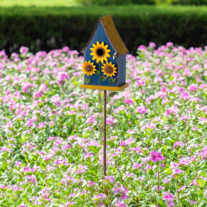 Glitzhome 52.5" Blue Metal Birdhouse Outdoor with Stake, Sunflower Accents Decorative Standing Bird House for Garden, Farmhouse Iron Nesting Box with Vine Details
