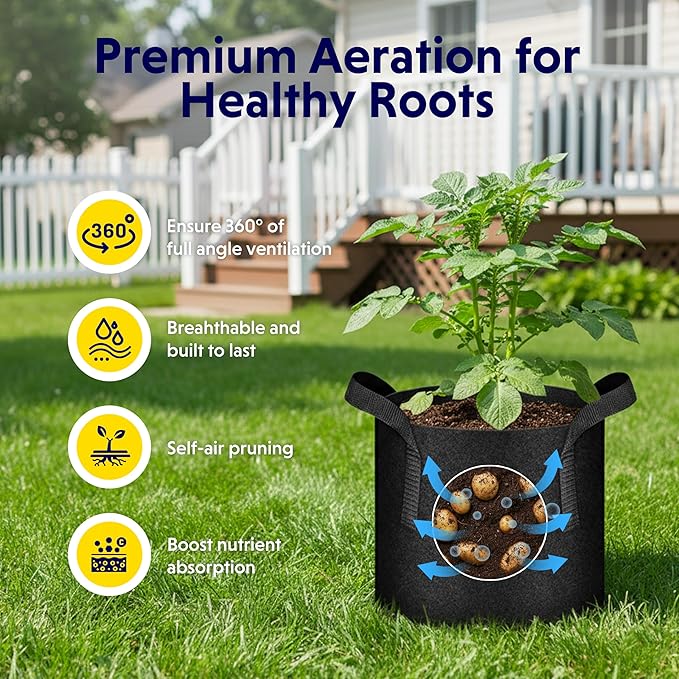 iPower 7 Gallon 5 Pack Grow Bags Nonwoven Fabric Pots Aeration Container with Strap Handles for Garden and Planting, 5-Pack Black, 7 Gallon